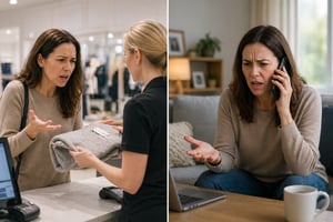 A frustrated customer in a store and on the phone