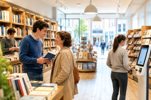 Bright bookstore with friendly customer interaction