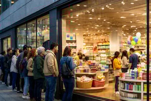 Customers queuing outside a store