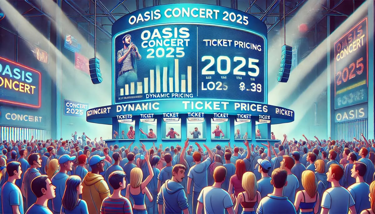 A bustling concert ticket booth with the dynamic pricing for the Oasis Concert 2025