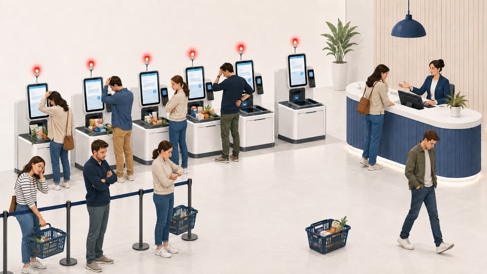 Frustrated shoppers at modern checkout kiosks