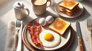 A photo-realistic image of a delicious breakfast served on a table.