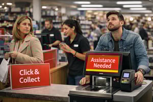 Frustrated customers at a self-checkout and Click and Collect collection point