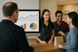 A leader staring at a dashboard filled with meaningless graphs, while the real “customer moments” play out unnoticed