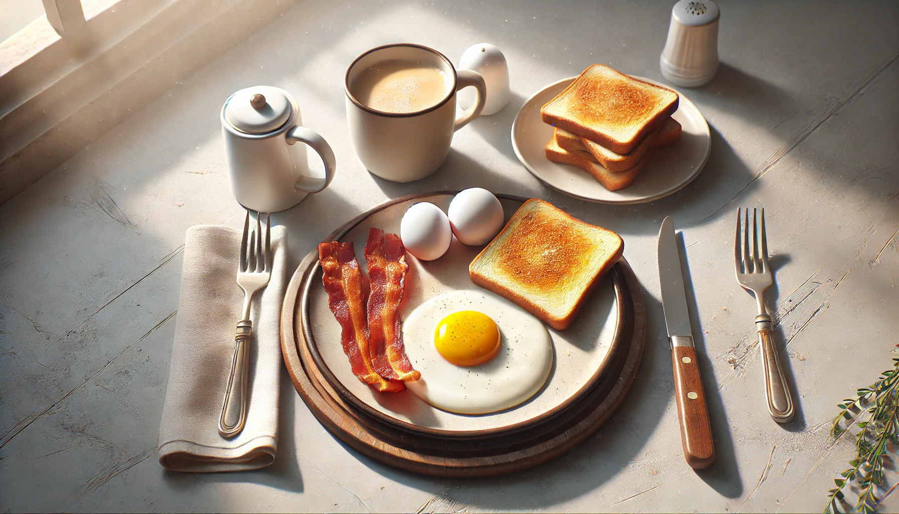 A photo-realistic image of a delicious breakfast served on a table, featuring items like sunny-side-up eggs, toast, bacon.