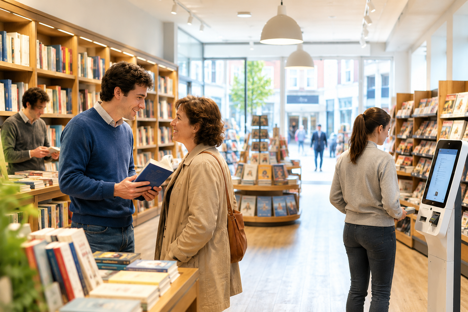 Bright bookstore with friendly customer interaction