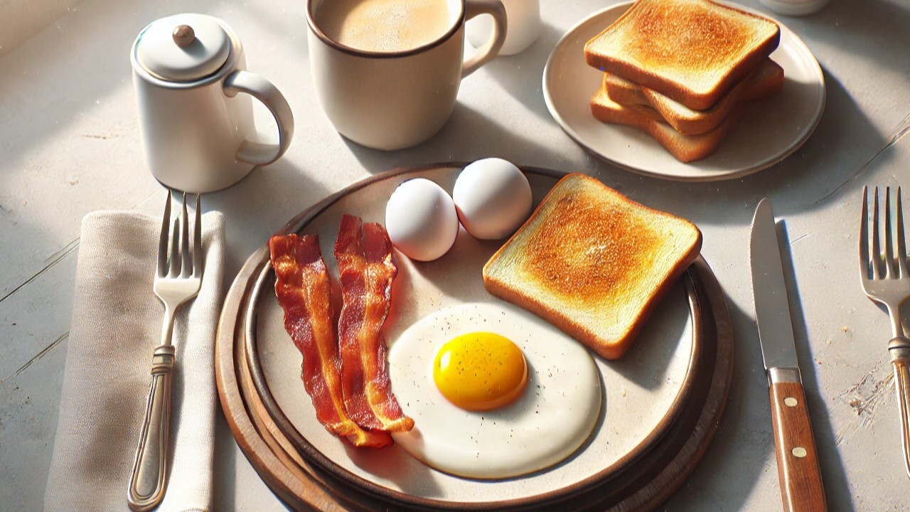 A photo-realistic image of a delicious breakfast served on a table, featuring items like sunny-side-up eggs, toast, bacon.