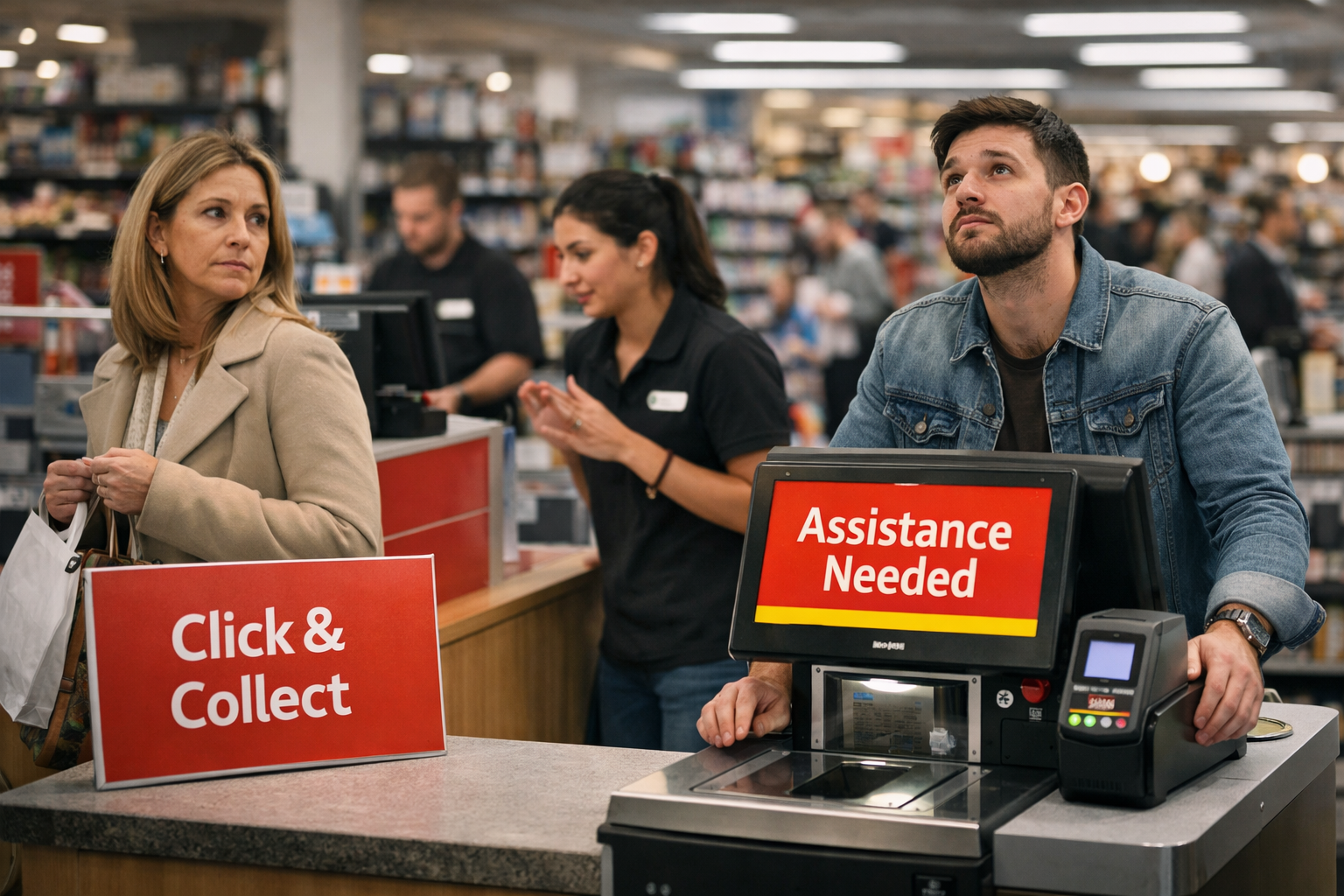 Frustrated customers at a self-checkout and Click and Collect collection point