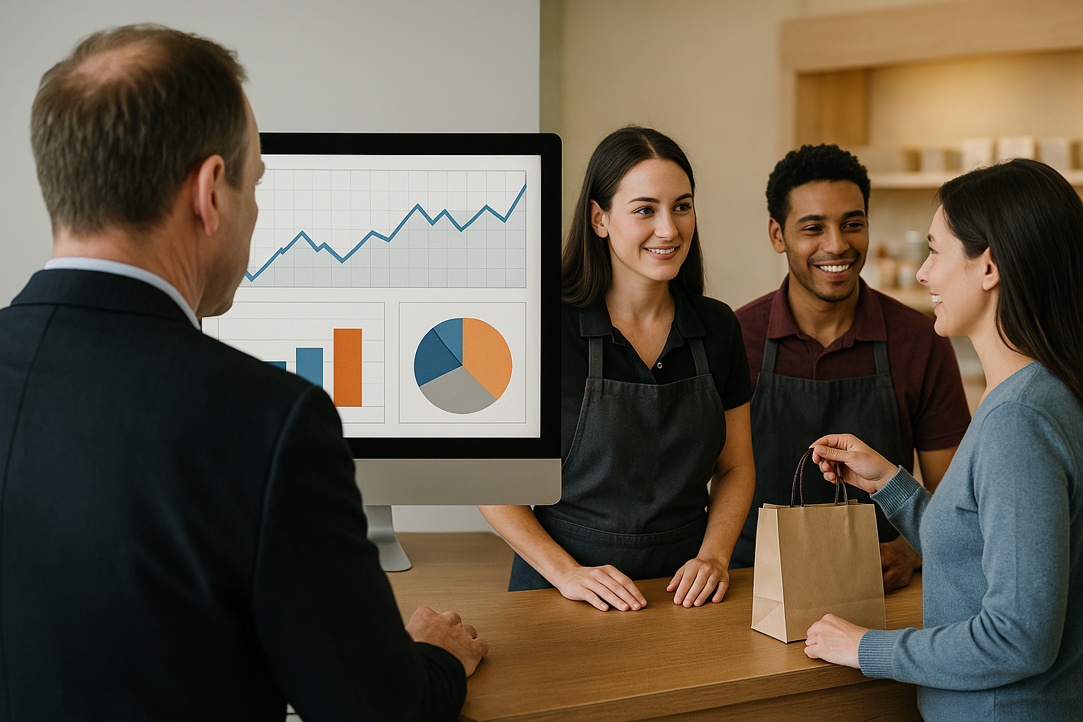 A leader staring at a dashboard filled with meaningless graphs, while the real “customer moments” play out unnoticed